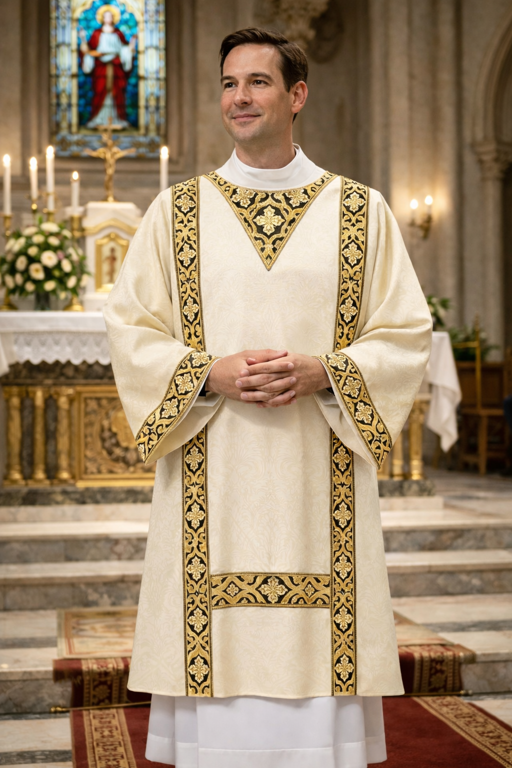 Deacon in ornate dalmatic standing in a church with stained glass and altar in the background