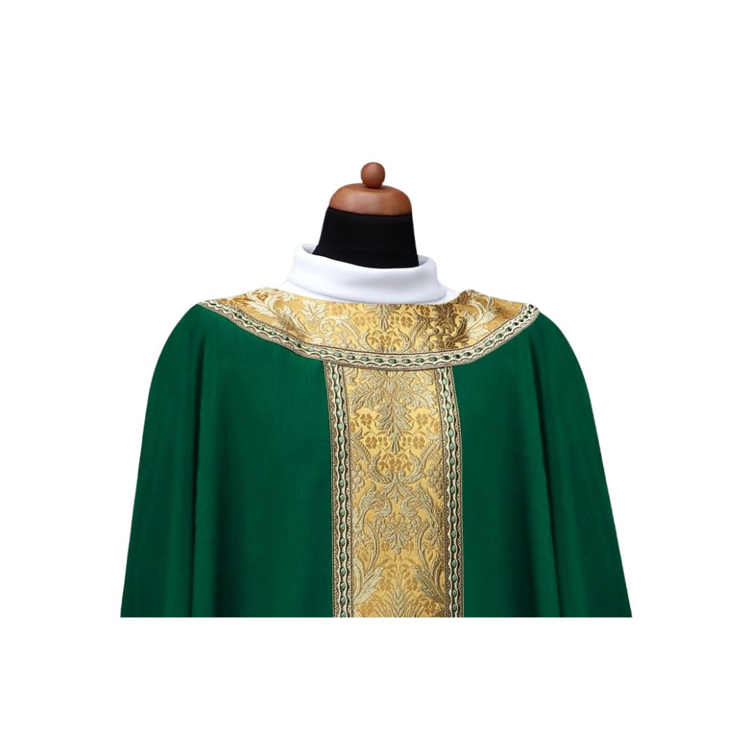 Liturgical gothic chasuble with high quality brocade orphrey and trim. No collar