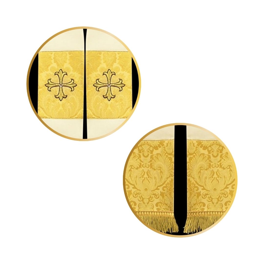 Liturgical priest stole with embroidered crosses on brocade patches and finished with tassels.