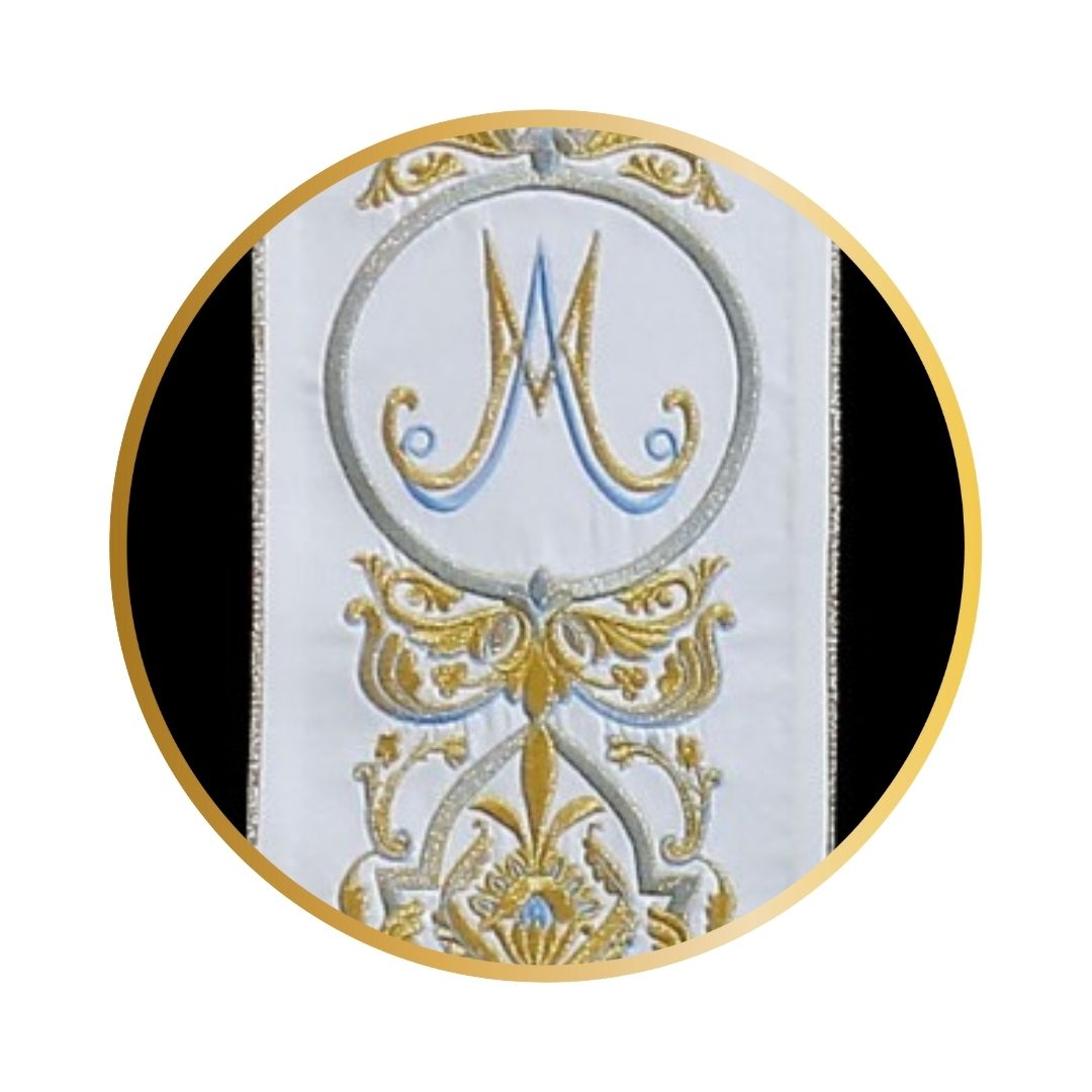 Marian priest stole with filigree embroidery on satin.