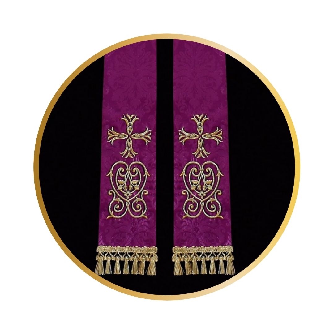 Priest sermon stole. Damask style with embroidered cross and tassels. Made in Poland and sold by The Clergy Store