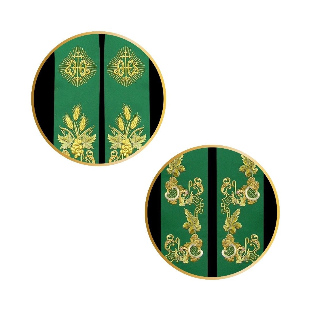 Priest stole with IHS embroidered design in green.