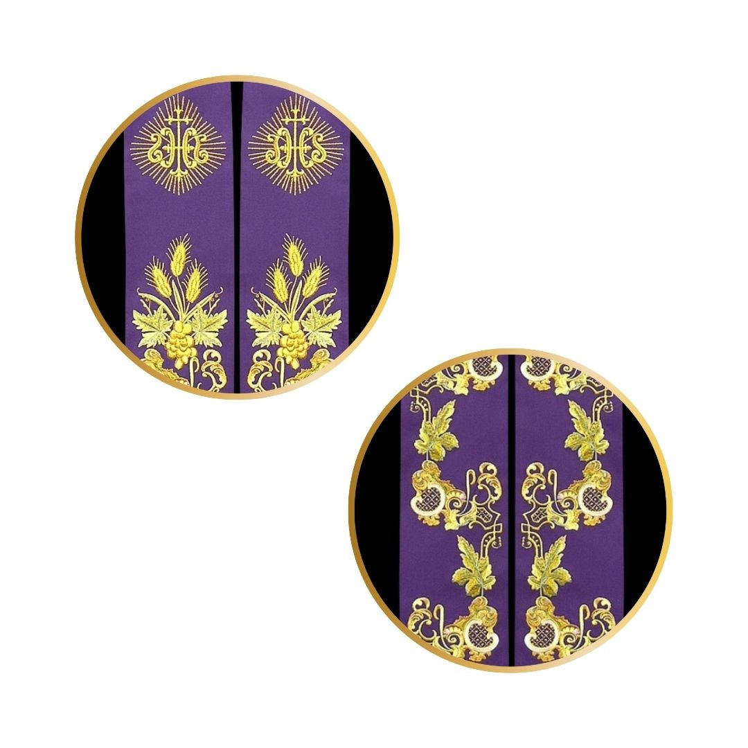 Priest stole with IHS embroidered design in purple.