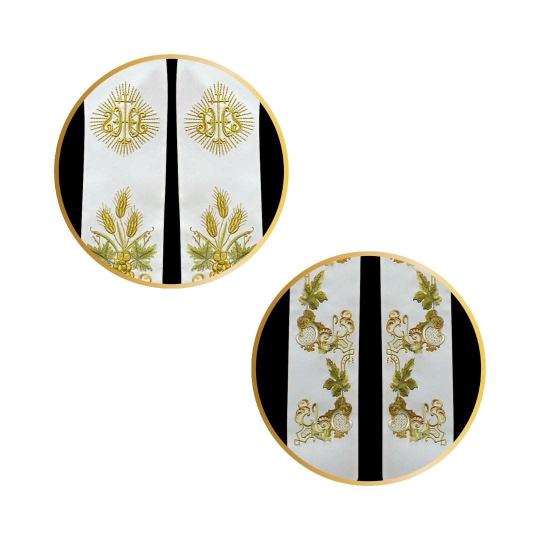 Priest stole with IHS embroidered design in white.