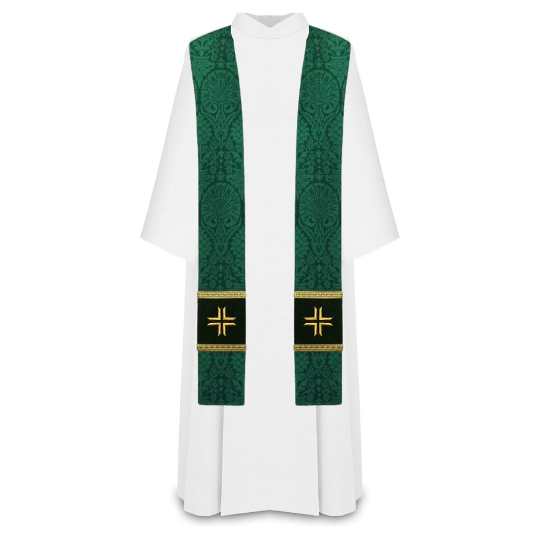 Damask green priest stole with embroidered gold cross on velvet patch, trimmed in gallon.