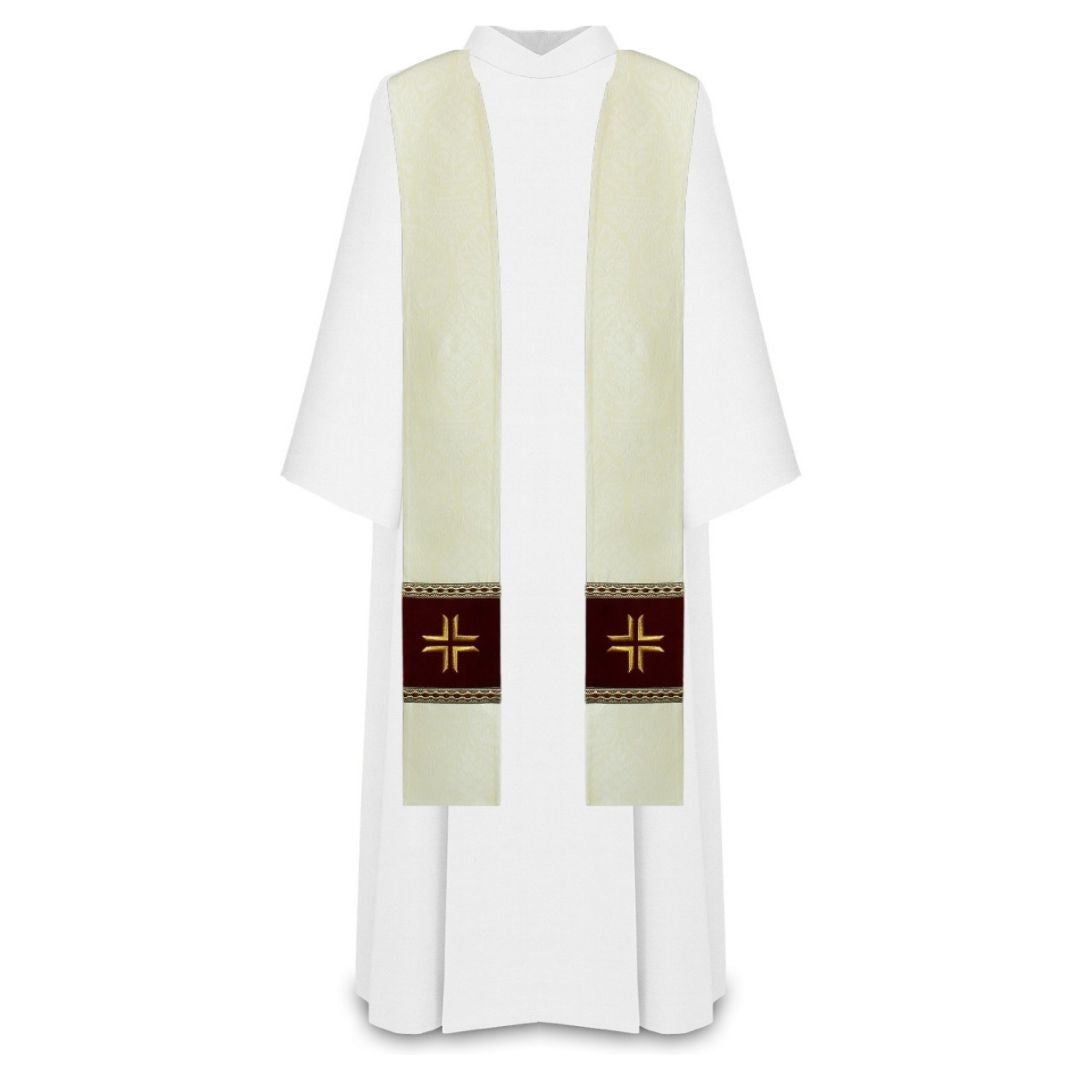 Damask ivory priest stole with embroidered gold cross on velvet patch, trimmed in gallon.