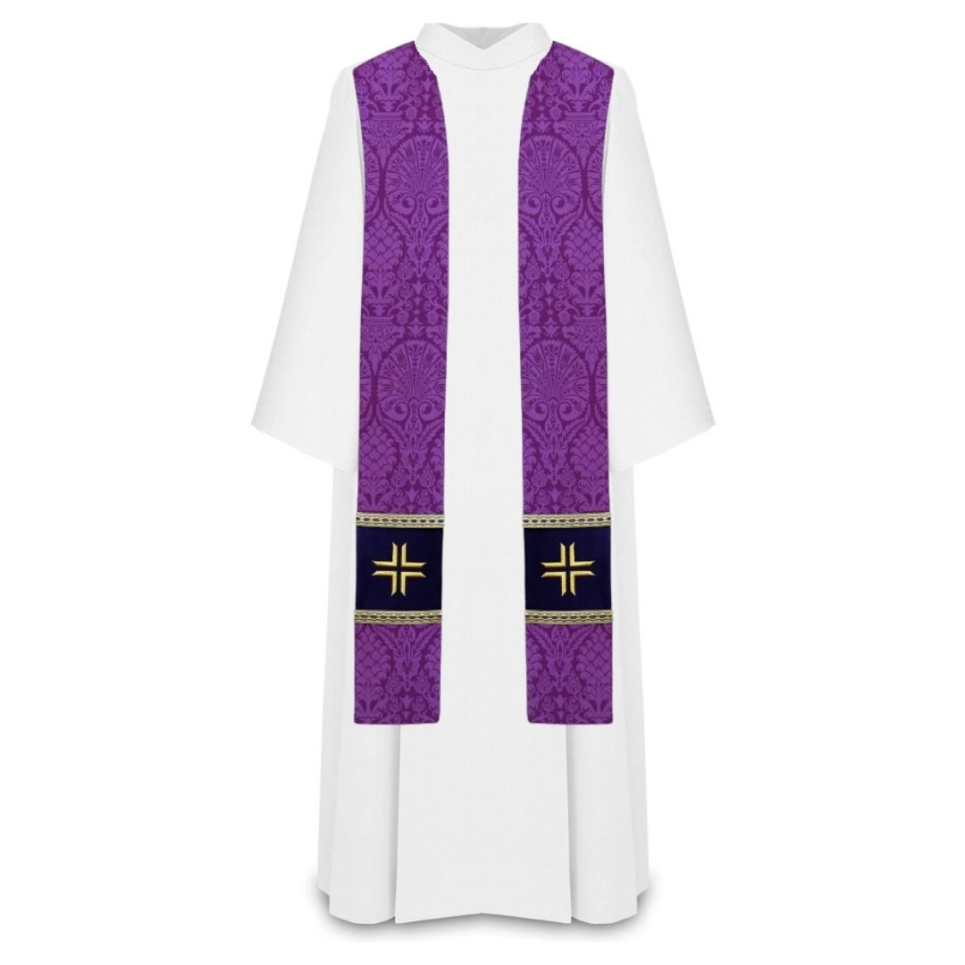 Damask purple priest stole with embroidered gold cross on velvet patch, trimmed in gallon.