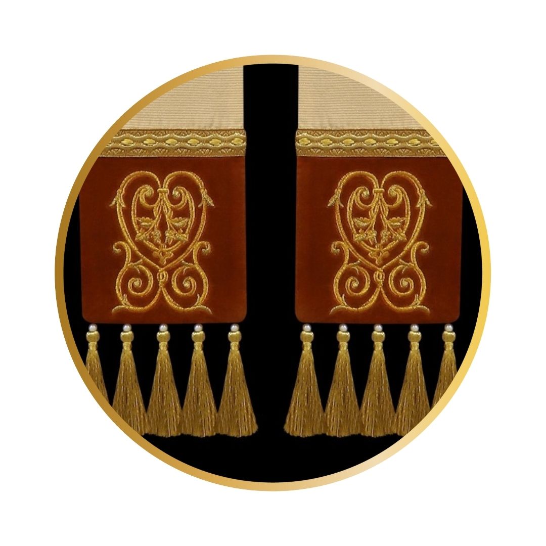 Liturgical priest stole ivory 100% wool with lurex. Embroidered cross on velvet , trimmed with braid and tassels.
