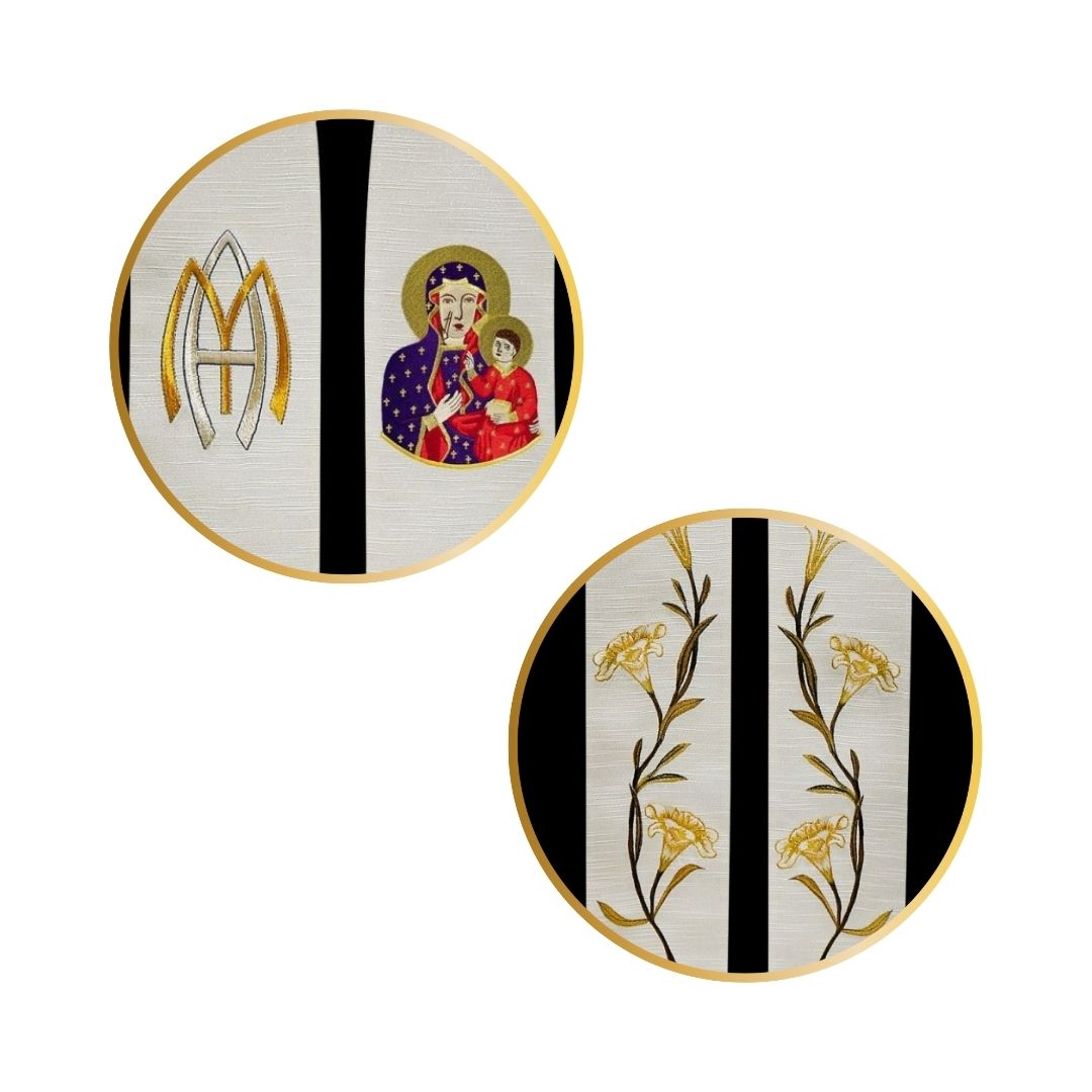 Ava Maria priest stole with embroidered image of Mother and Child and lilly's.