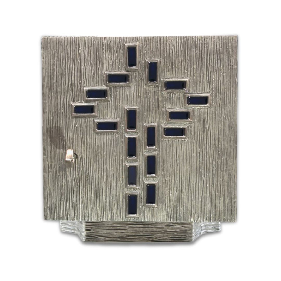 Bronze tabernacle with a contemporary cross silver finish. Made in Italy and sold by The Clergy Store