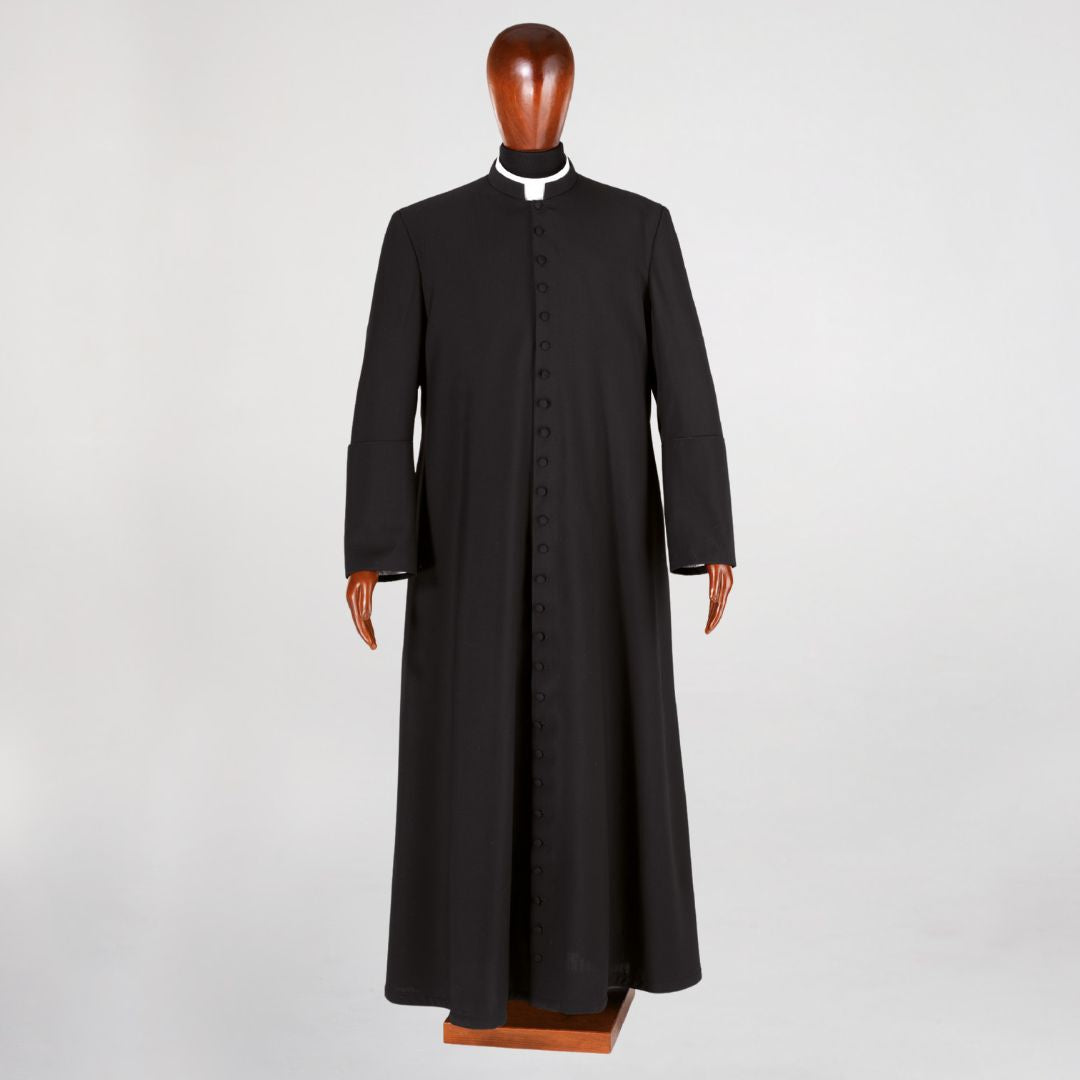 Roman clerical cassock in black with buttons. Made in Italy and sold by The Clergy Store