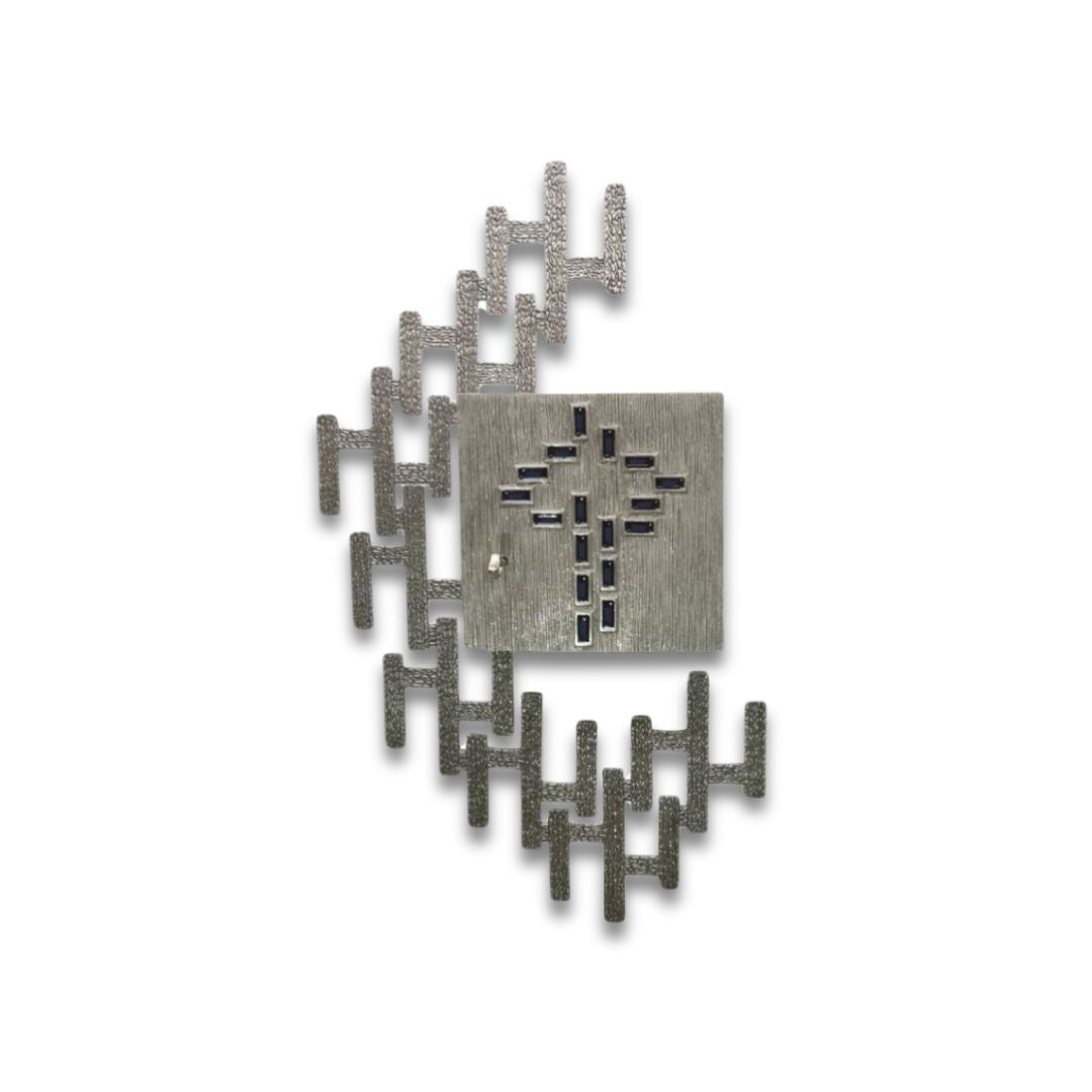 Contemporary silver bronze tabernacle with cross and rays made from enamel stones. Made in Italy and sold by The Clergy Store