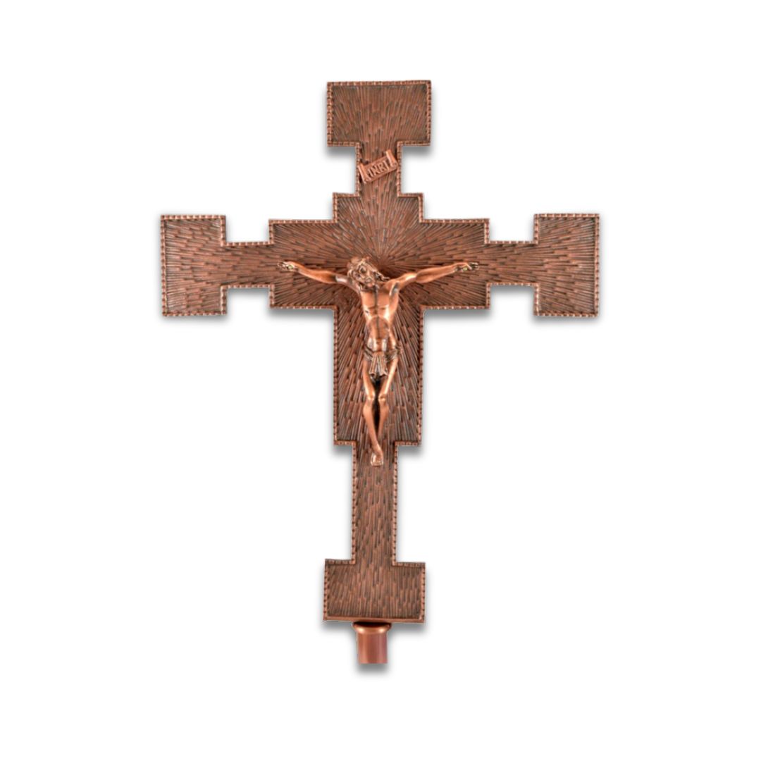 Processional cross gothic style finished in bronze. Made in Italy and sold by The Clergy Store