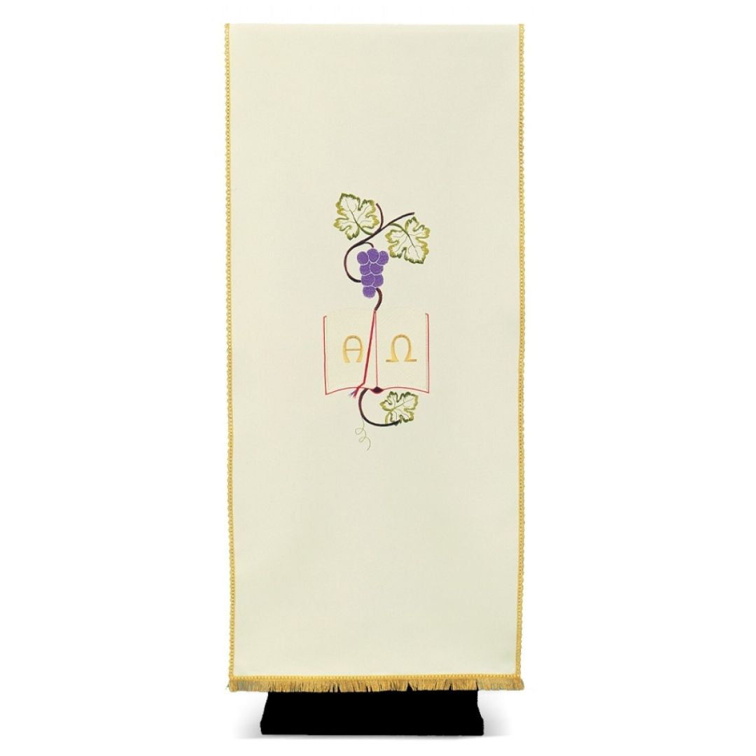 Lectern cover with embroidered Alpha Omega & Grapes and Leaves. Made by Desta and sold by The Clergy Store