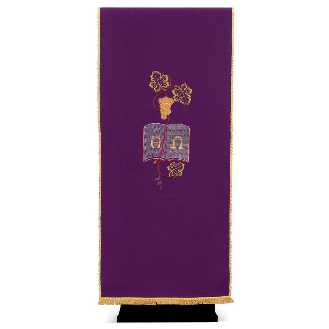 Lectern cover with embroidered Alpha Omega & Grapes and Leaves. Made by Desta and sold by The Clergy Store