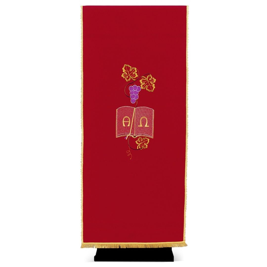 Lectern cover with embroidered Alpha Omega & Grapes and Leaves. Made by Desta and sold by The Clergy Store