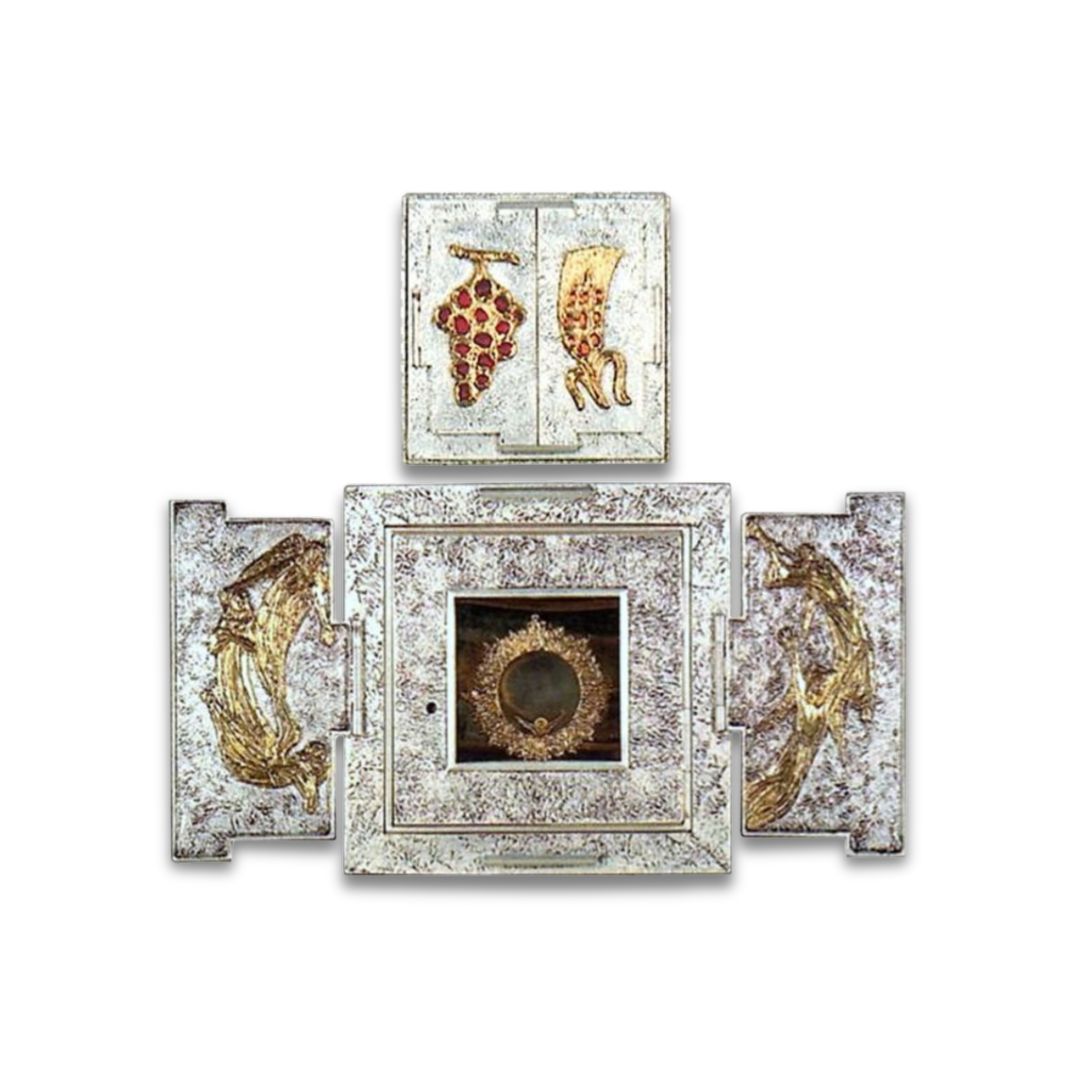 Bronze double door wall tabernacle with a design of grapes and ears of wheat in a silver finish and rays. Made in Italy and sold by The Clergy Store