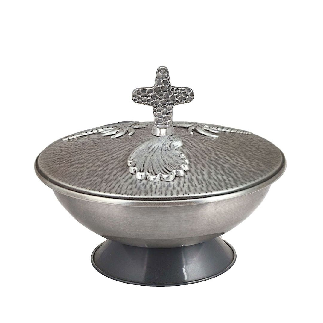 Baptismal font in silver finish with shells and palms made in Italy and sold by The Clergy Store