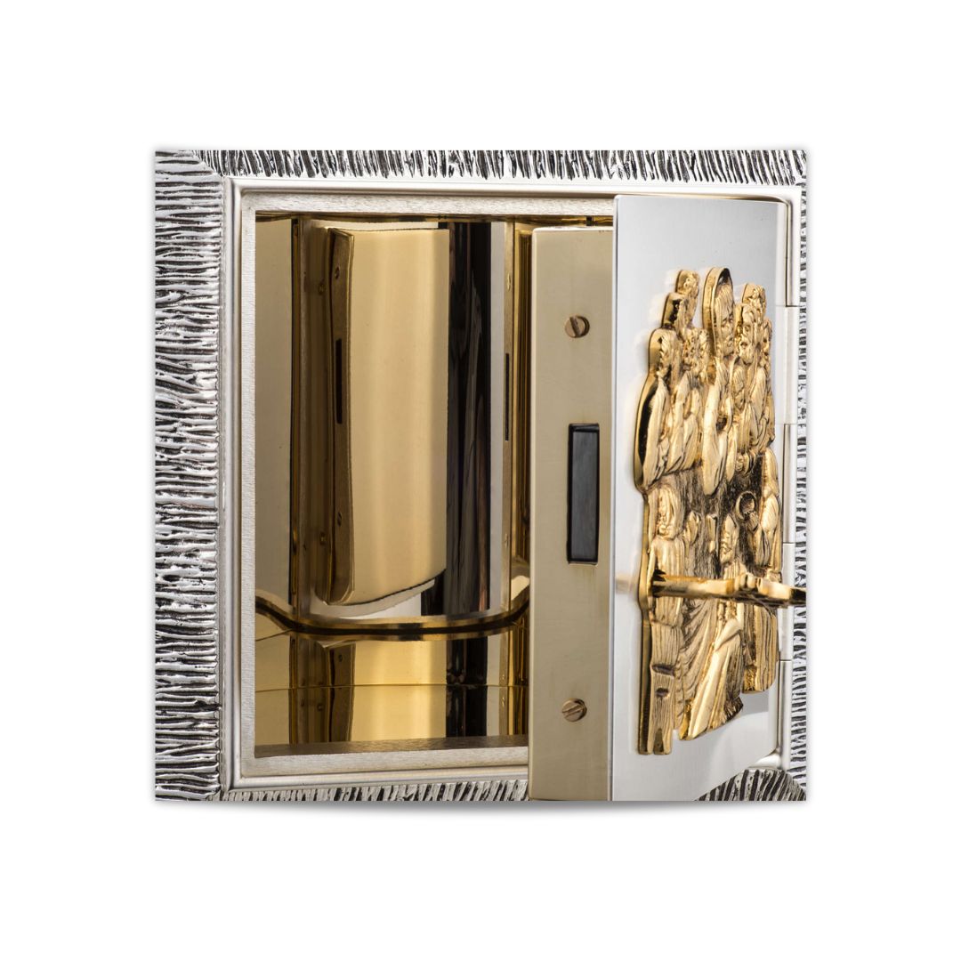 Bronze wall tabernacle Last Supper in silver two tone finish . Made in Italy and sold by The Clergy Store