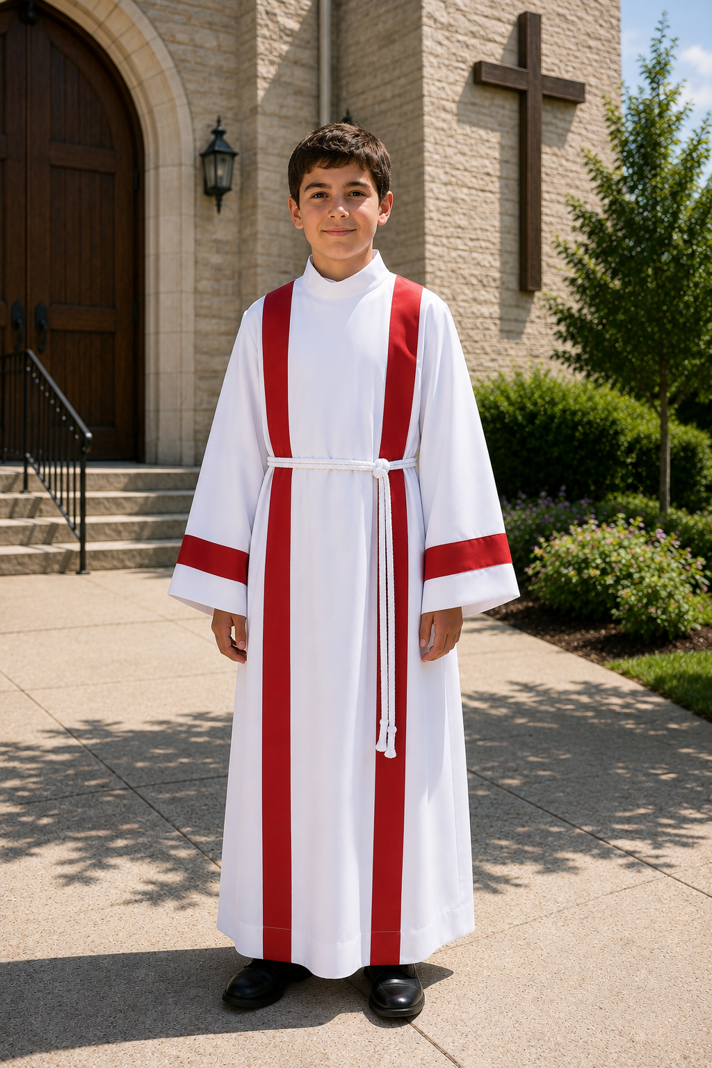 Altar server white alb with red trim around sleeves, front, and back with back zipper closure