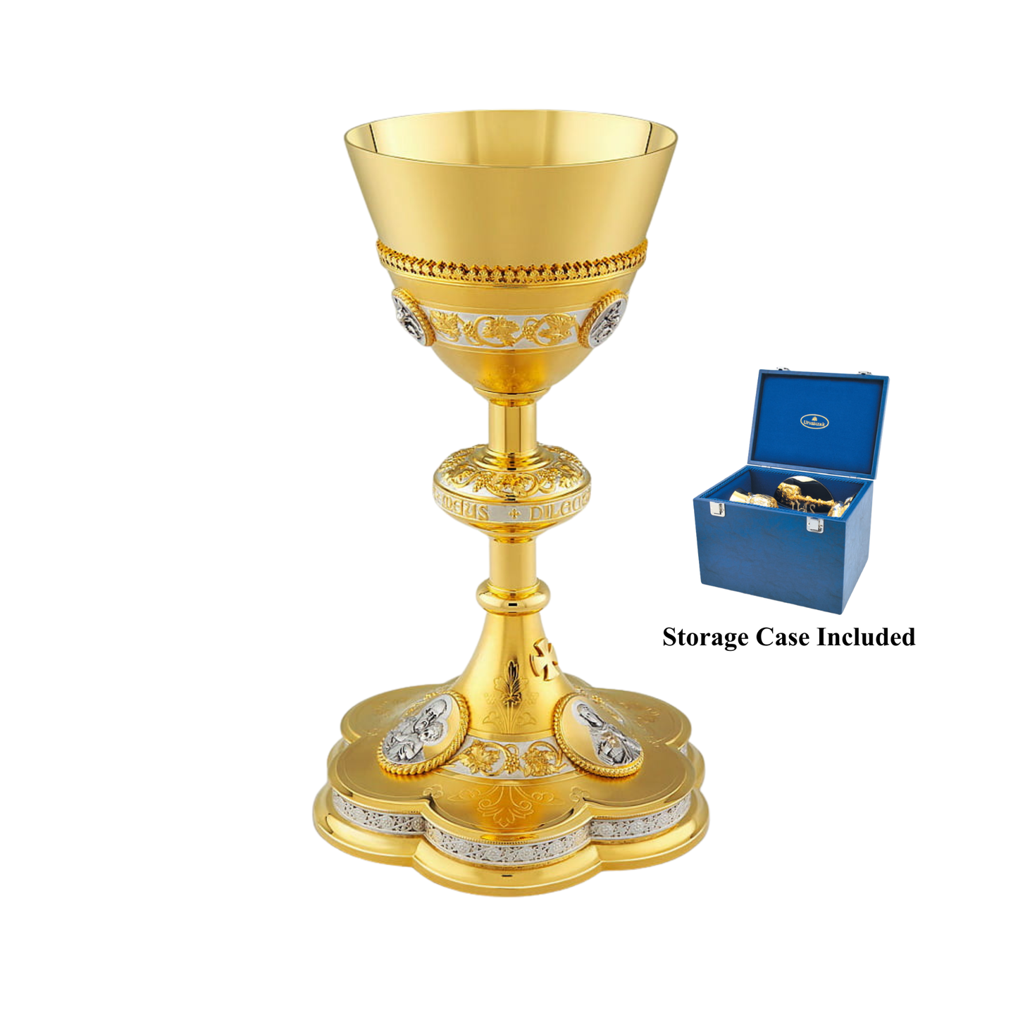 Chalice and Scale Paten in the Neo-Gothic Style with medallions of the
Holy Family and angels, and a node inscription: “HIC EST FILIUS MEUS DI
LECTUS”