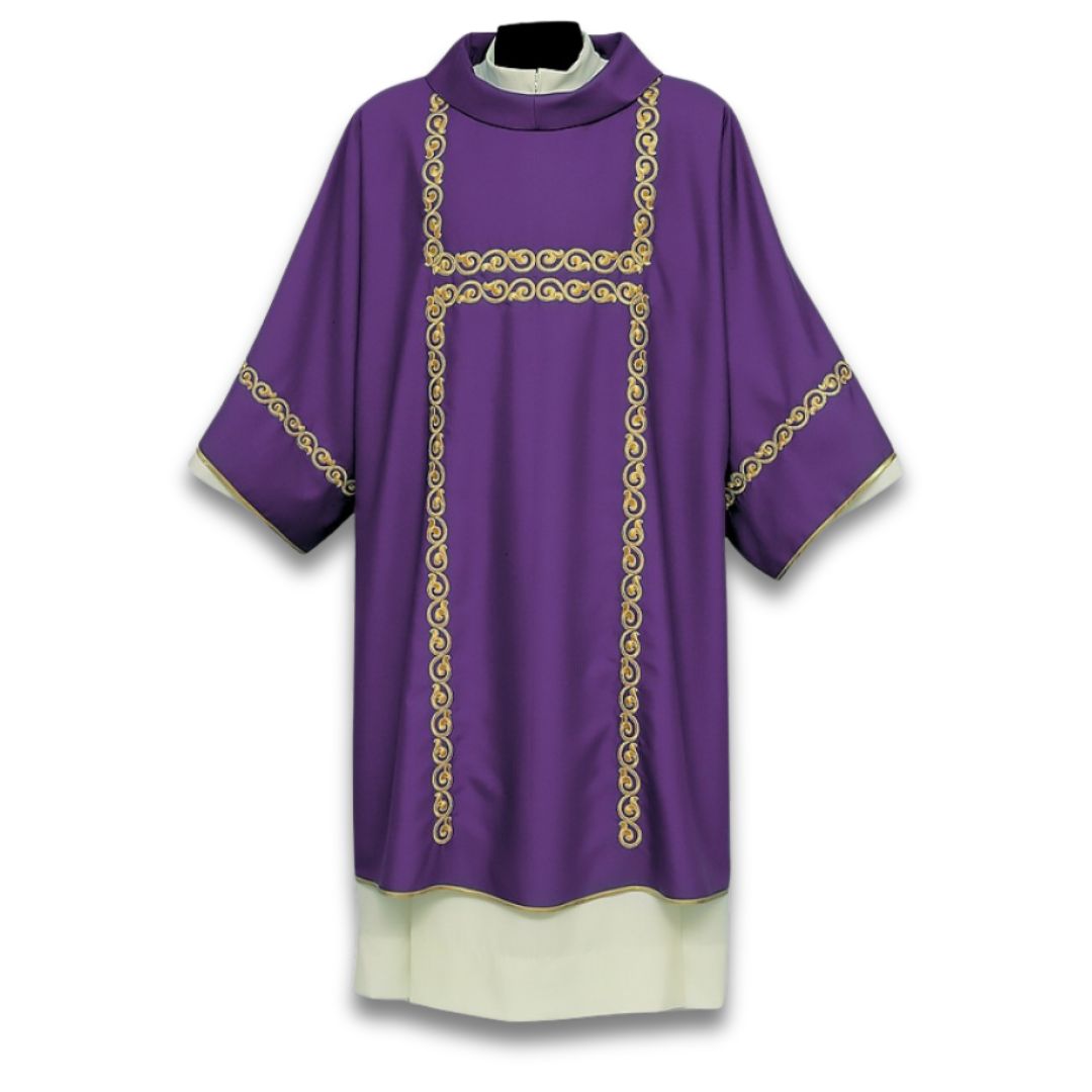 Deacon dalmatic in purple with embroidered chain link design made in Italy and sold by The Clergy Store