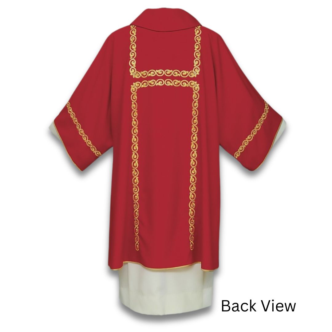 Deacon dalmatic in red with embroidered chain link design made in Italy and sold by The Clergy Store