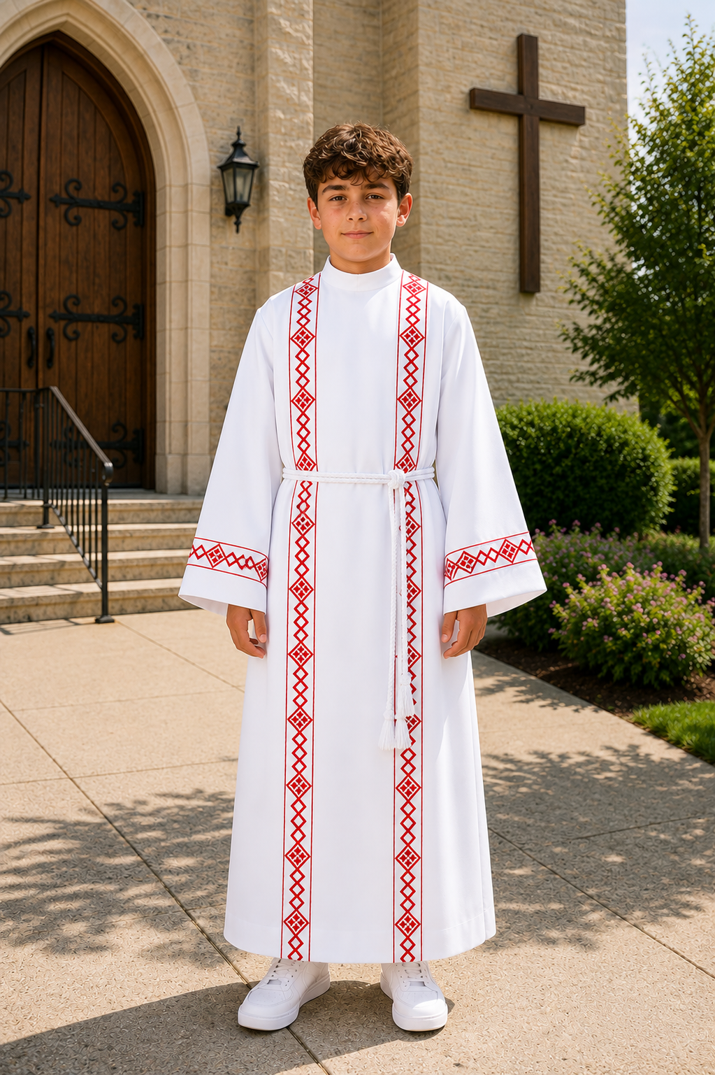 Altar server white alb with red diamond pattern trim around sleeves, front, and back with back zipper closure