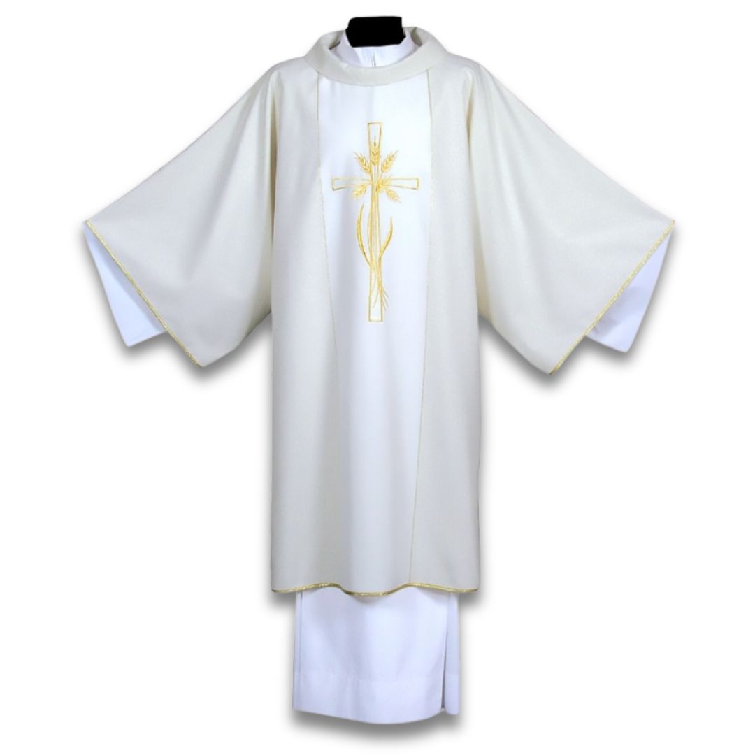 Dalmatic ivory with embroidered cross and stalk of wheat on Italian wool lurex. Made by Desta and sold by The Clergy Store