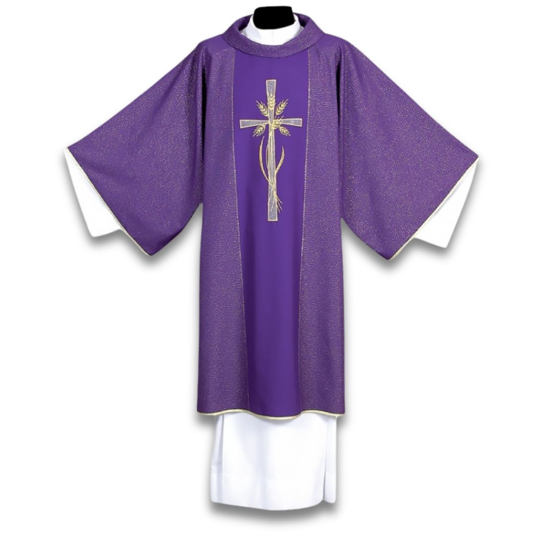 Dalmatic purple with embroidered cross and stalk of wheat on Italian wool lurex. Made by Desta and sold by The Clergy Store