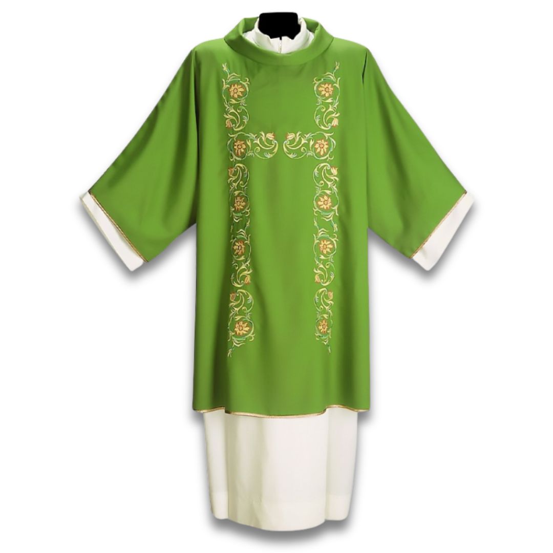 Deacon dalmatic in green with embroidered vines design made in Italy and sold by The Clergy Store