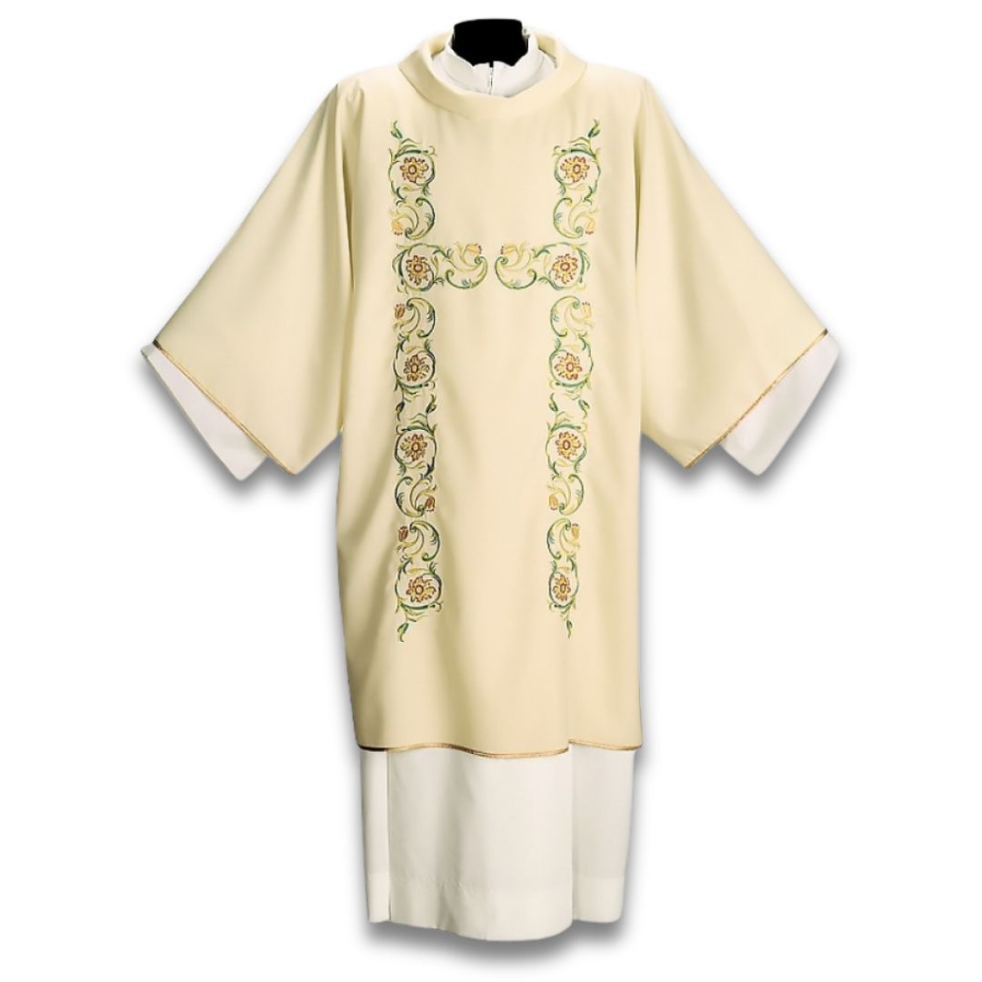 Deacon dalmatic in ivory with embroidered vines design made in Italy and sold by The Clergy Store