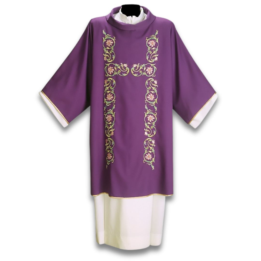 Deacon dalmatic in purple with embroidered vines design made in Italy and sold by The Clergy Store