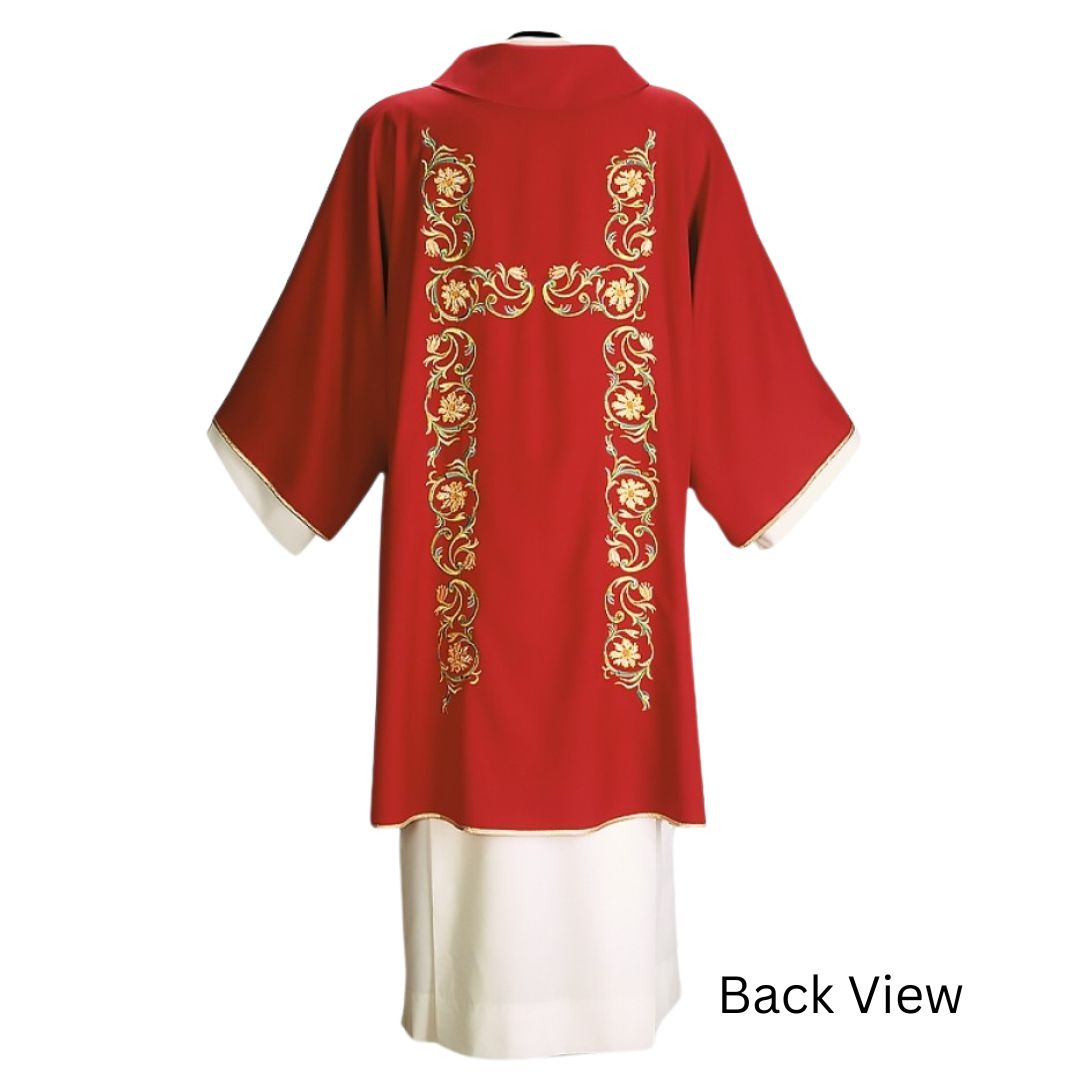 Deacon dalmatic in red with embroidered vines design made in Italy and sold by The Clergy Store