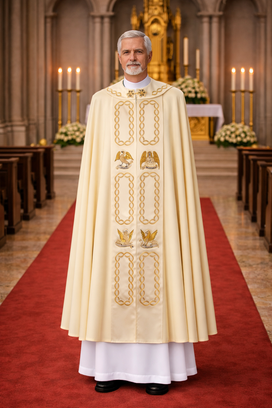 Priest in liturgical cope vestment standing in a cathedral with altar and candles in the background