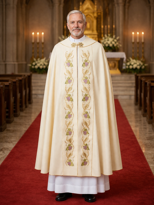 Priest in ornate cope standing in a church aisle with altar and flowers in the background