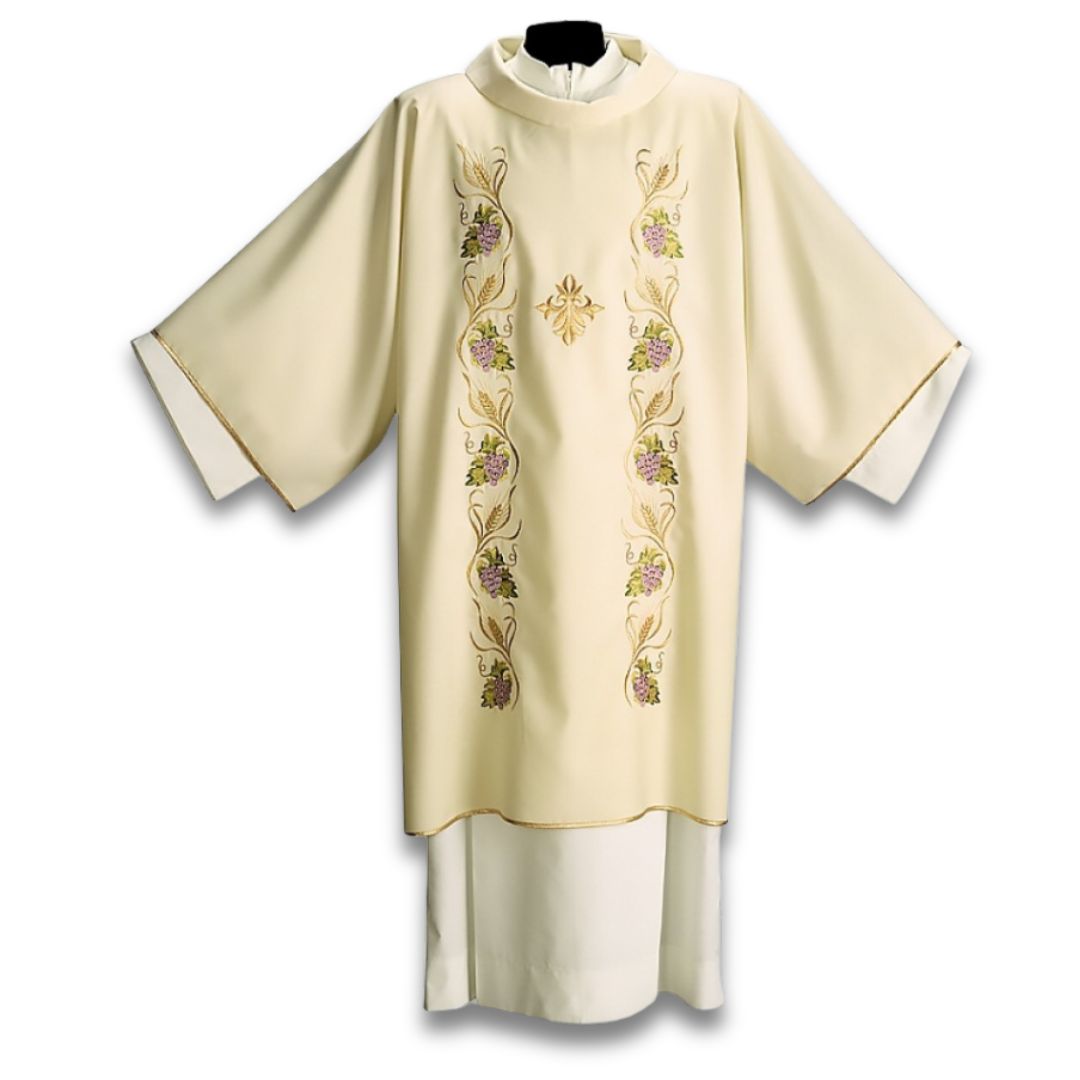 Deacon dalmatic in ivory with embroidered grapes & vines design made in Italy and sold by The Clergy Store
