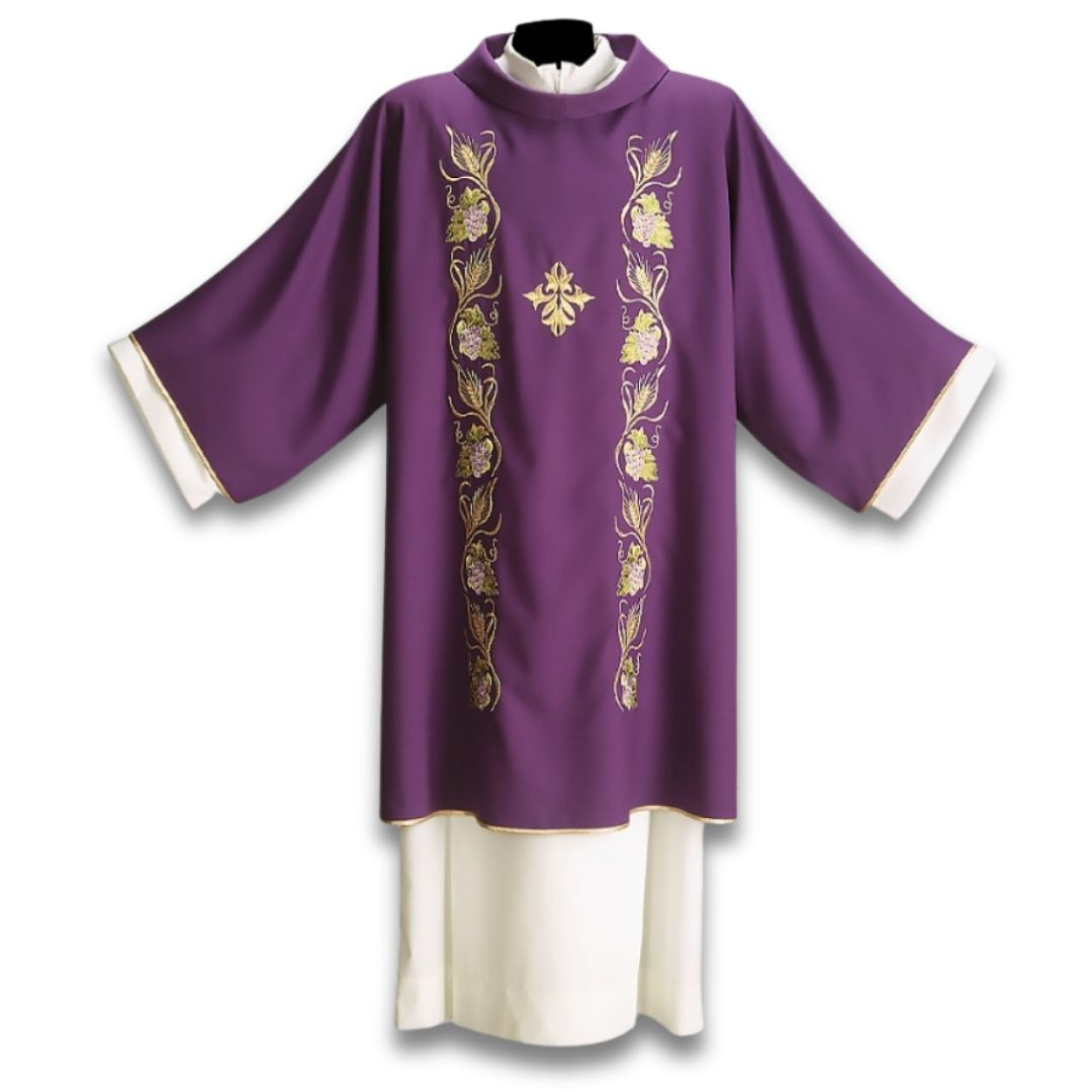 Deacon dalmatic in purple with embroidered grapes & vines design made in Italy and sold by The Clergy Store