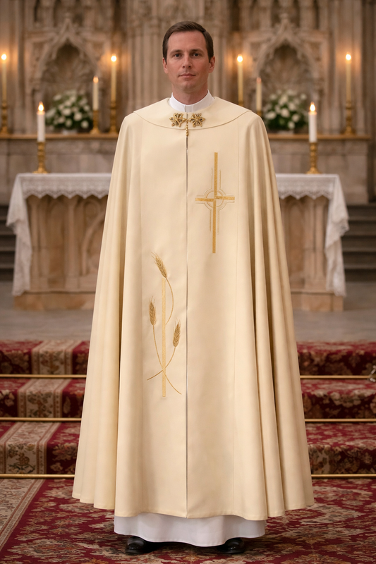 Priest in a off-white cope with a cross and wheat design in a church setting