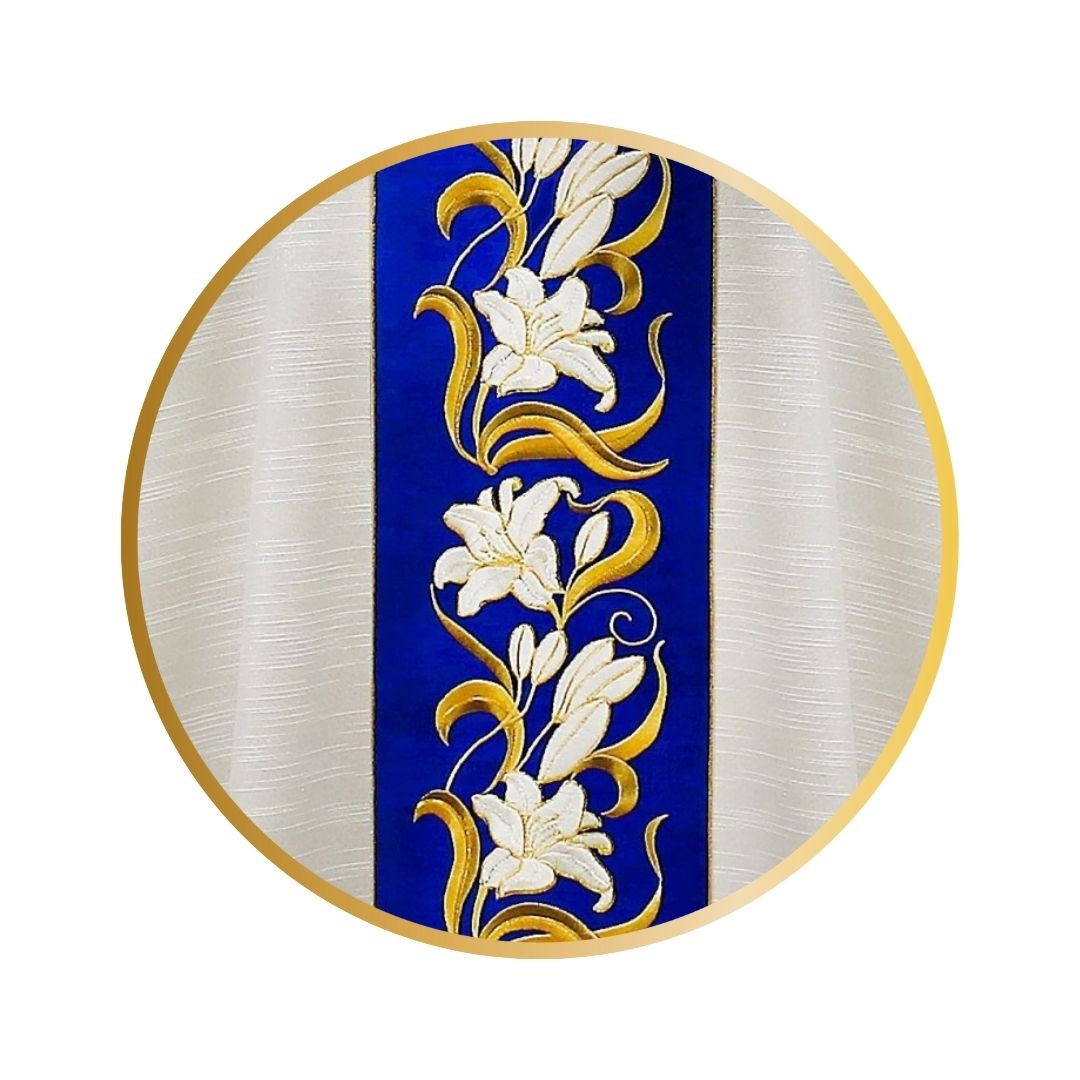 Marian chasuble with embroidered Lilly's on blue velvet orphrey.