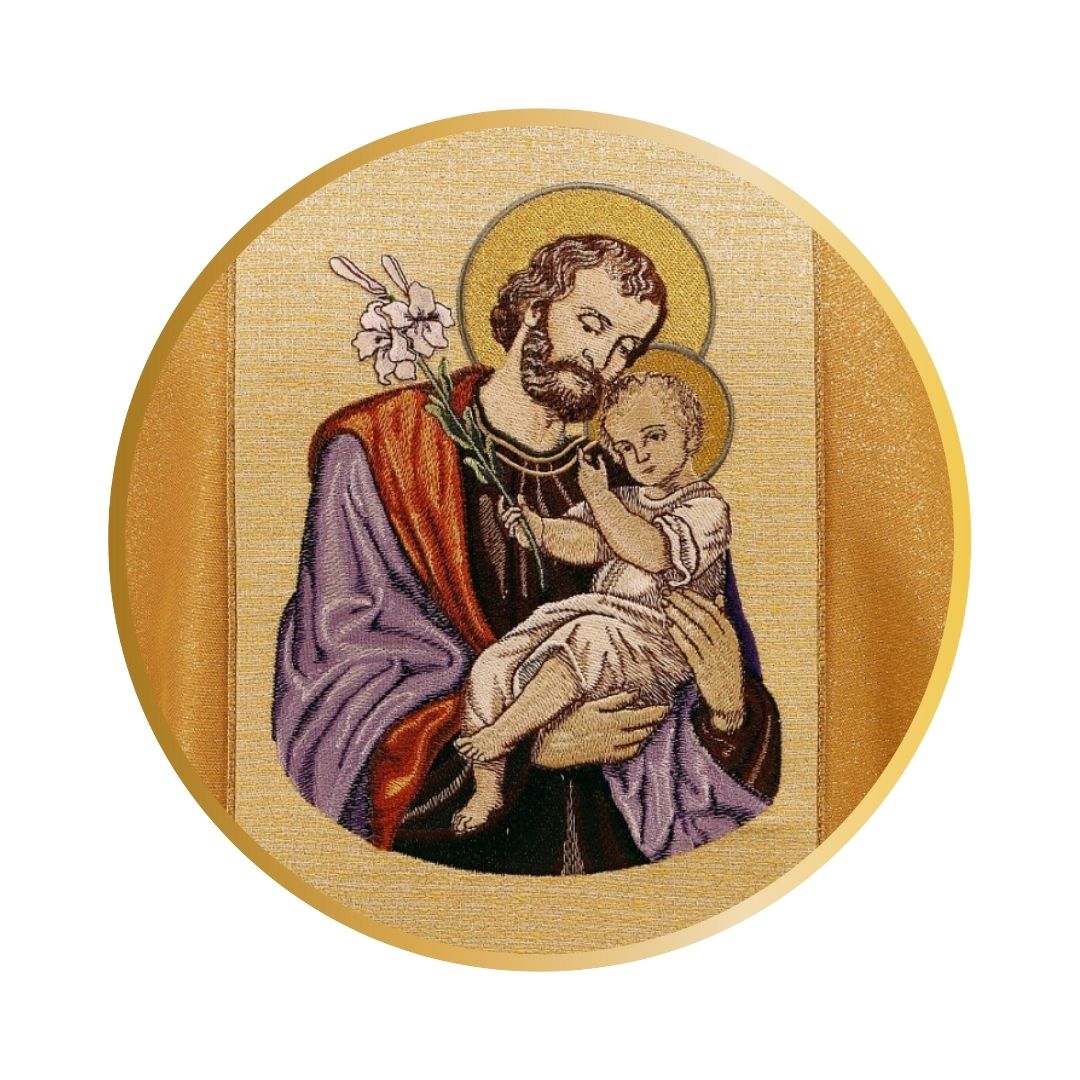 St. Joseph chasuble with child with baroque embroidery on orphrey.