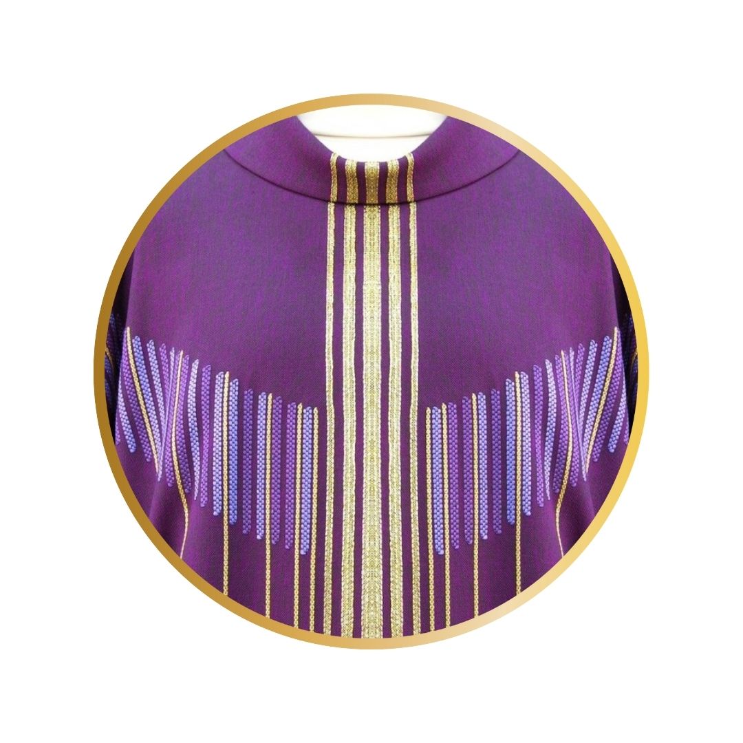 Handwoven 100% wool chasuble in purple with gold woven threads.