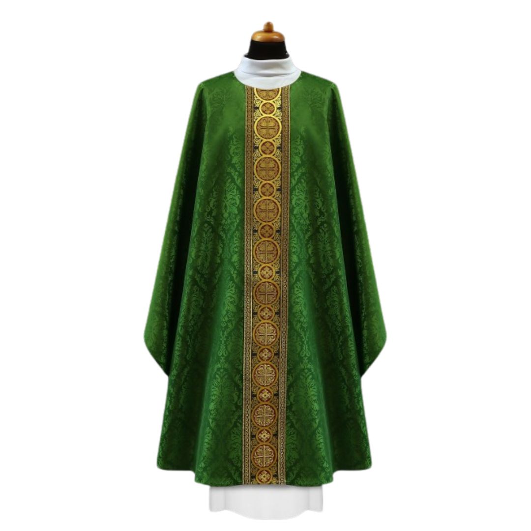 Chasuble green with brocade bands on lightweight damask. No collar, Made in Poland and sold by The Clergy Store