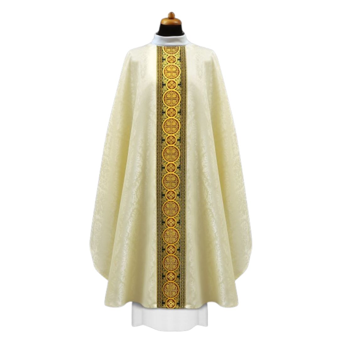 Chasuble ivory with brocade bands on lightweight damask. No collar, Made in Poland and sold by The Clergy Store