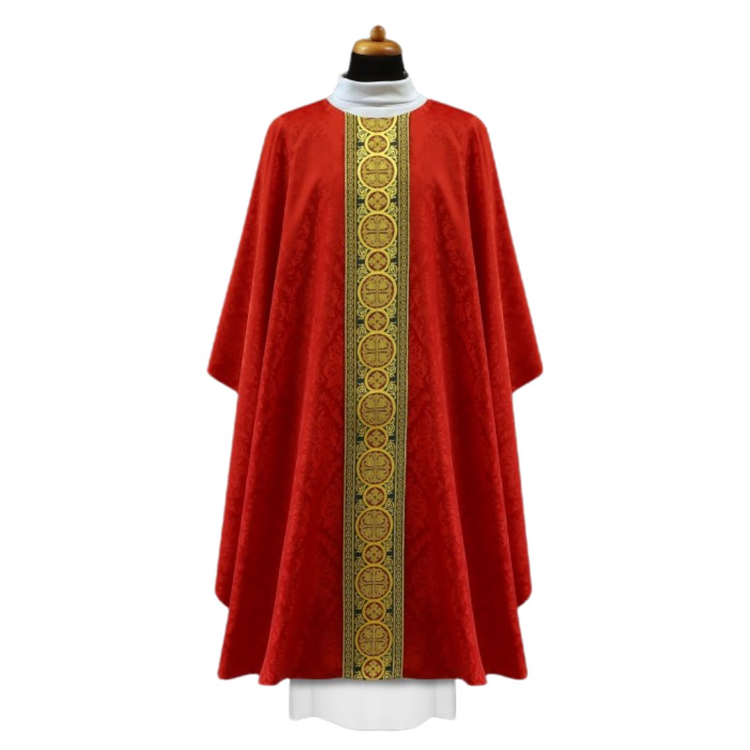 Chasuble red with brocade bands on lightweight damask. No collar, Made in Poland and sold by The Clergy Store