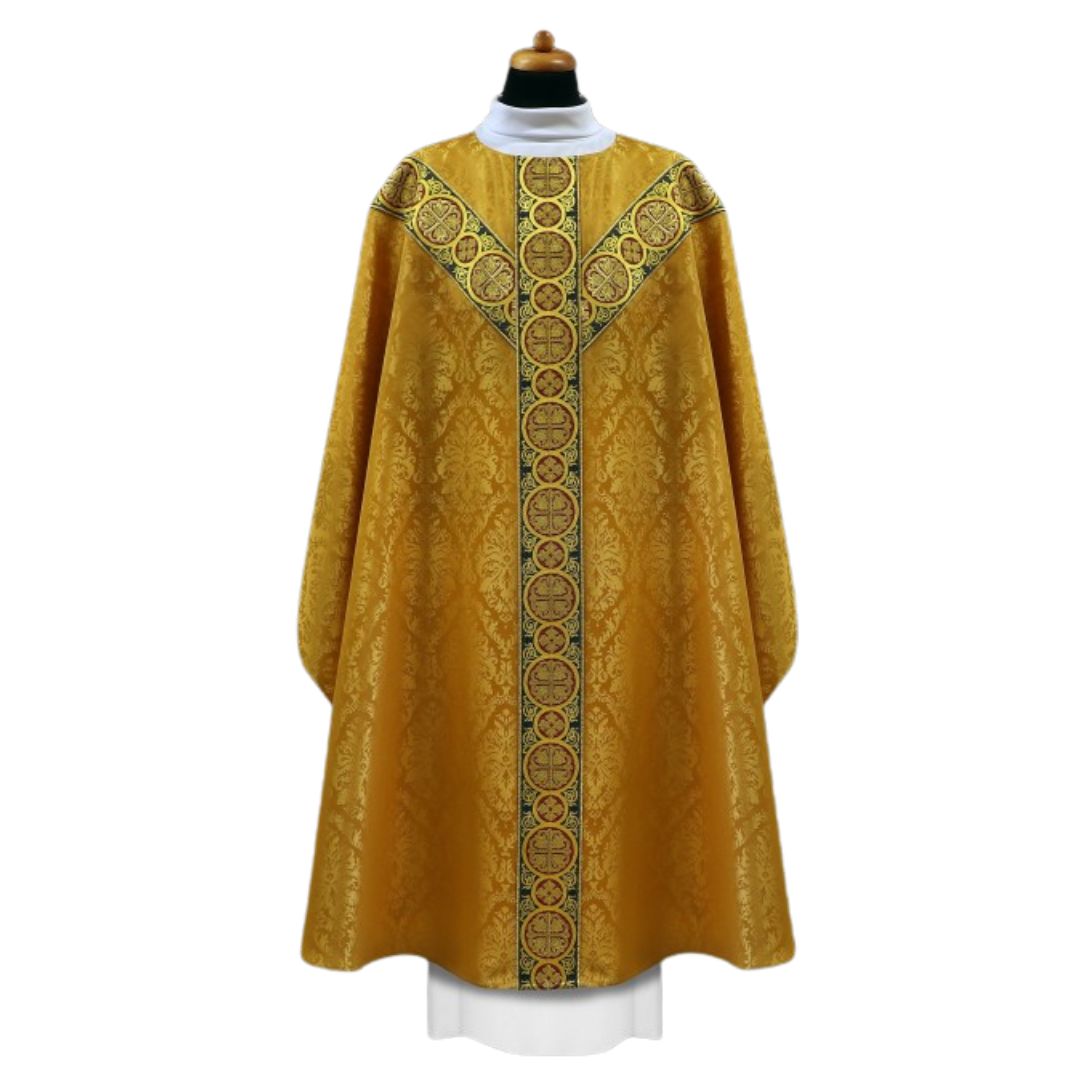 Chasuble brocade with Y shape brocade bands on lightweight damask. No collar, Made in Poland and sold by The Clergy Store