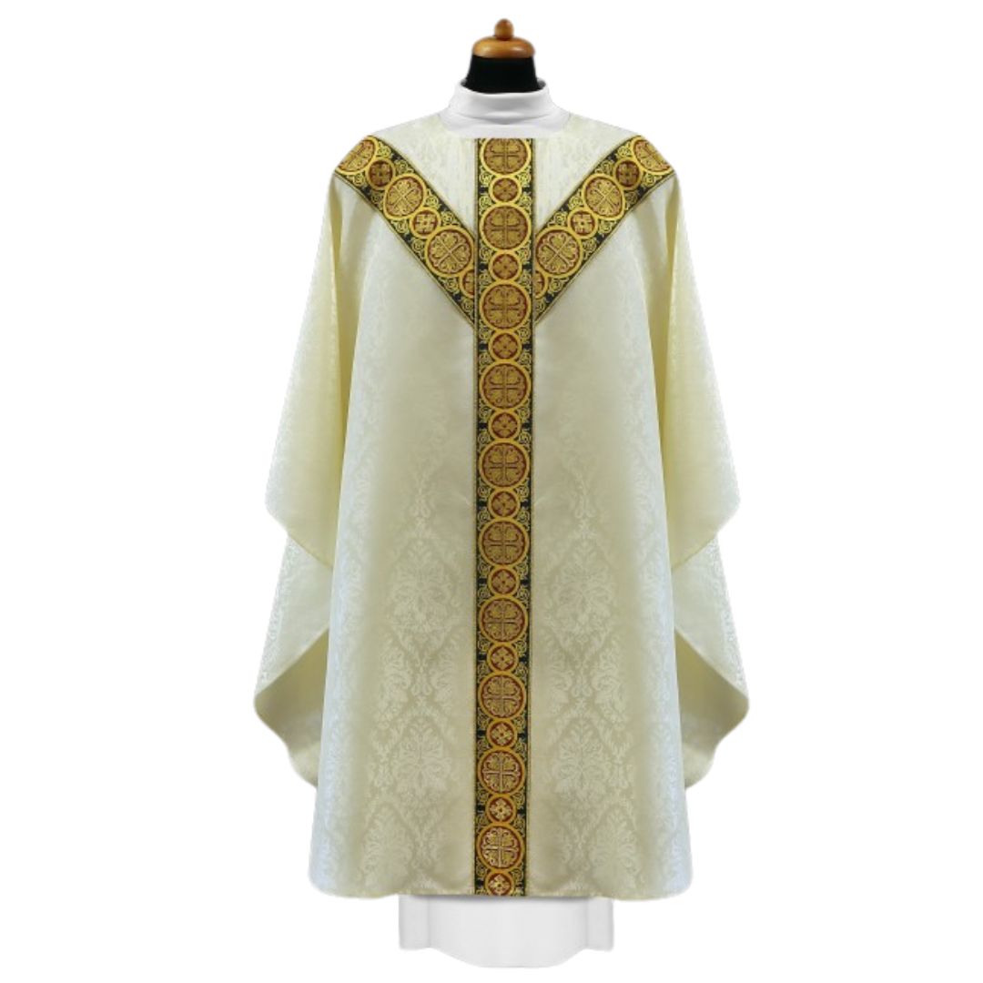 Chasuble brocade with Y shape brocade bands on lightweight damask. No collar, Made in Poland and sold by The Clergy Store