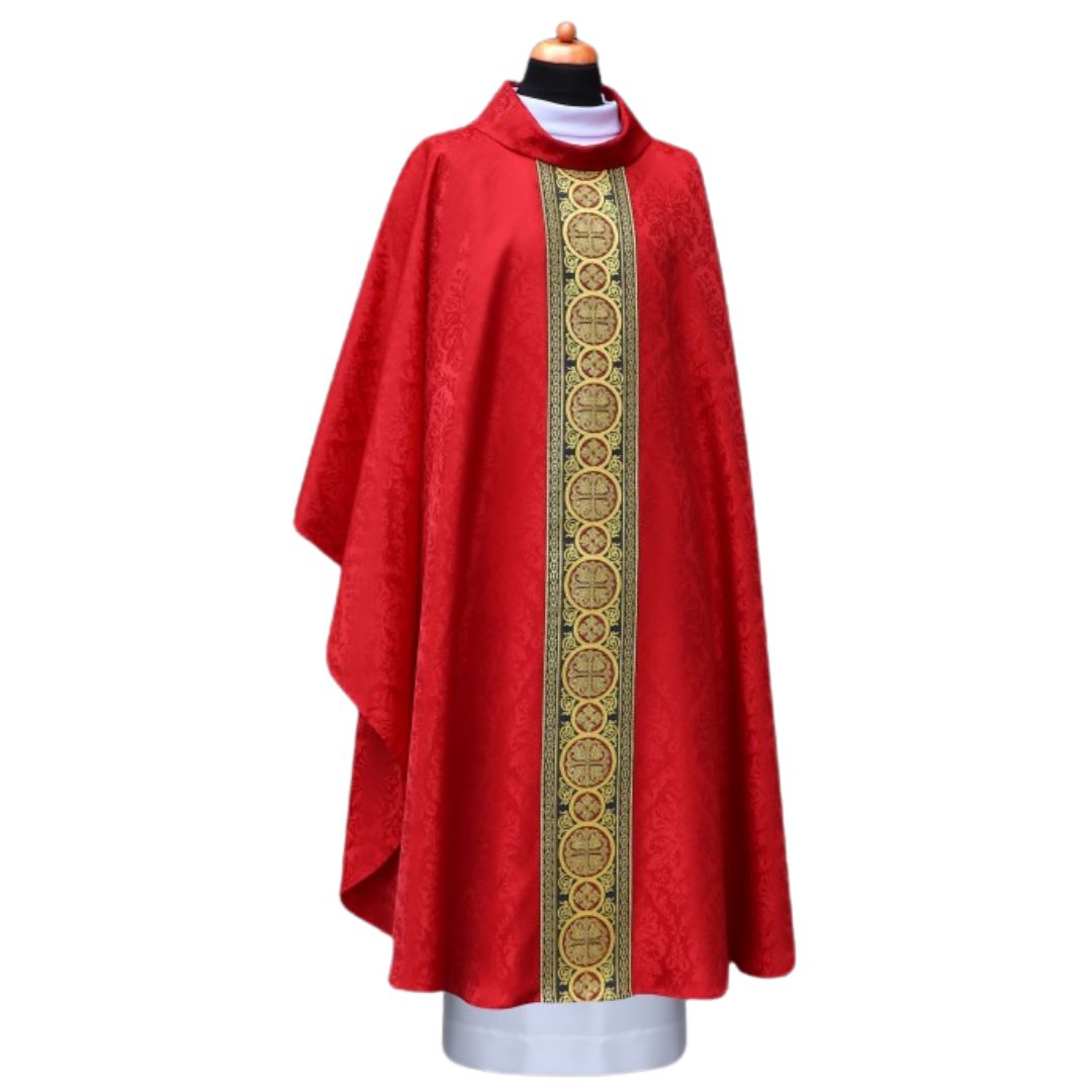 Chasuble red with brocade bands on lightweight damask. Cowl collar, Made in Poland and sold by The Clergy Store