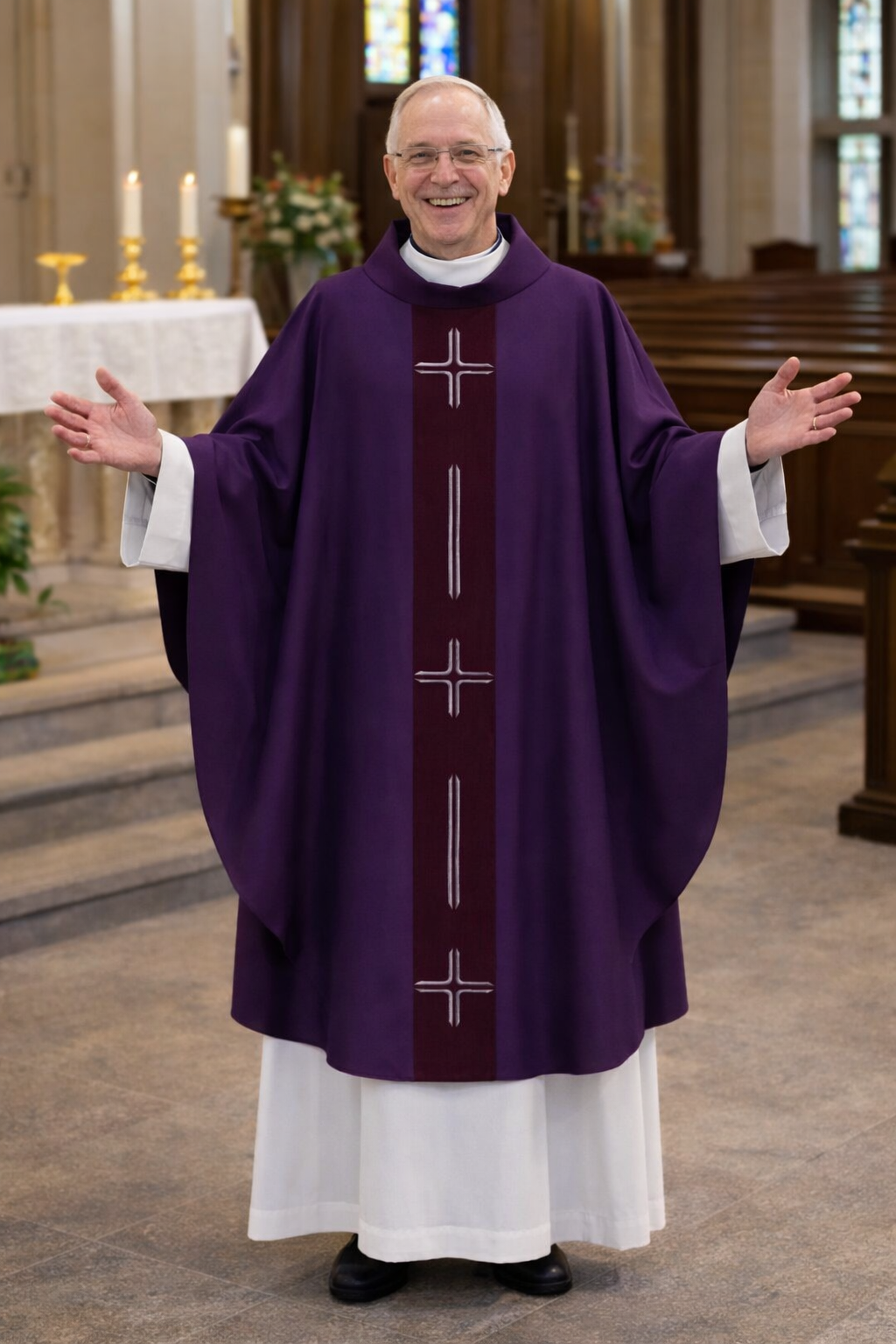 Priest in purple vestments standing in a church setting