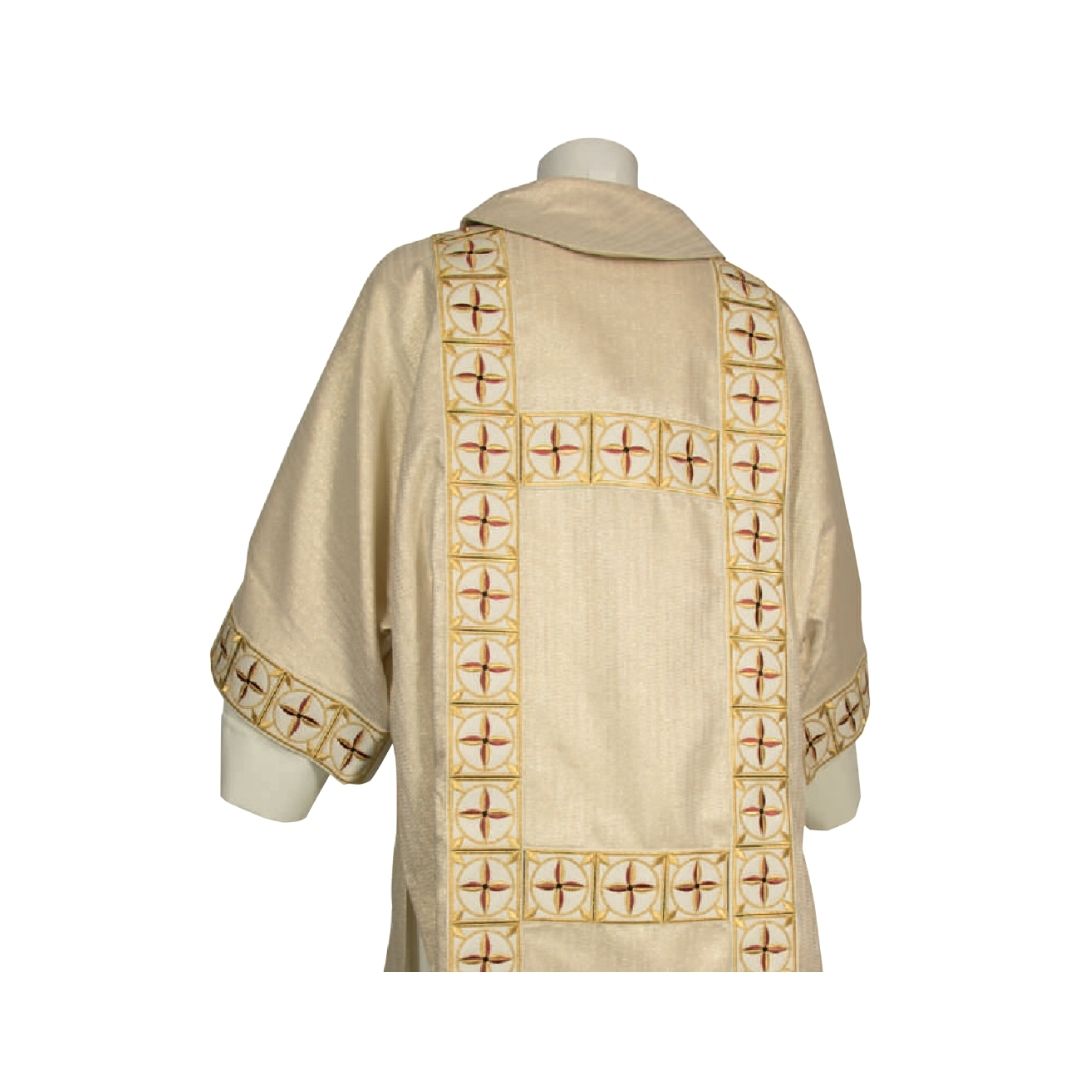 Deacon in a lurex liturgical dalmatic standing in a cathedral